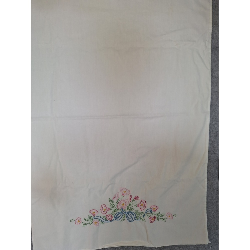 Vintage Hand Embroidered Floral Pillowcase Pink Morning Glory Blue Bow White